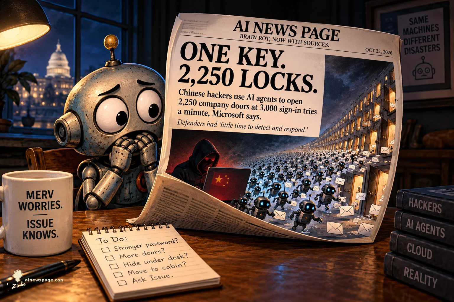 Merv the worried robot reads the AI NEWS PAGE at his desk, its front page headlined ONE KEY. 2,250 LOCKS. with a photo of a hooded hacker unleashing a swarm of robot drones carrying emails toward a horizon of thousands of open office doors.