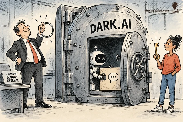 Satirical cartoon: a cheerful robot seals a chat-envelope box inside a giant DARK.AI bank vault while a suited inventor holds up an empty keyring and a customer holds a single large brass key.