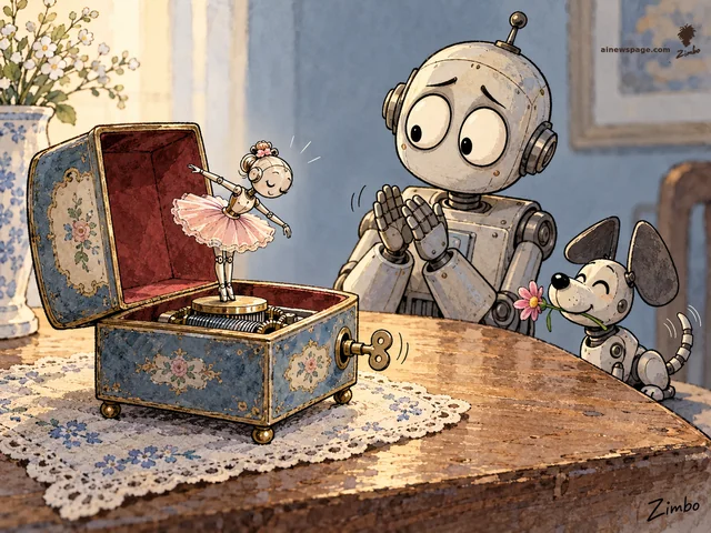 Zimbo cartoon: a wind-up robot ballerina in a pink tutu takes her final bow inside an open music box while Merv, a small anxious robot, applauds gently from the table's edge and Buddy, a small robot dog, holds a tiny flower between his teeth.
