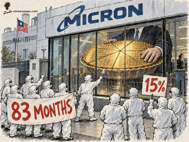 Satirical cartoon: cleanroom-suited Micron workers picket outside a fab with 83 MONTHS and 15% banners while giant corporate hands guard a golden silicon-wafer pie behind glass.