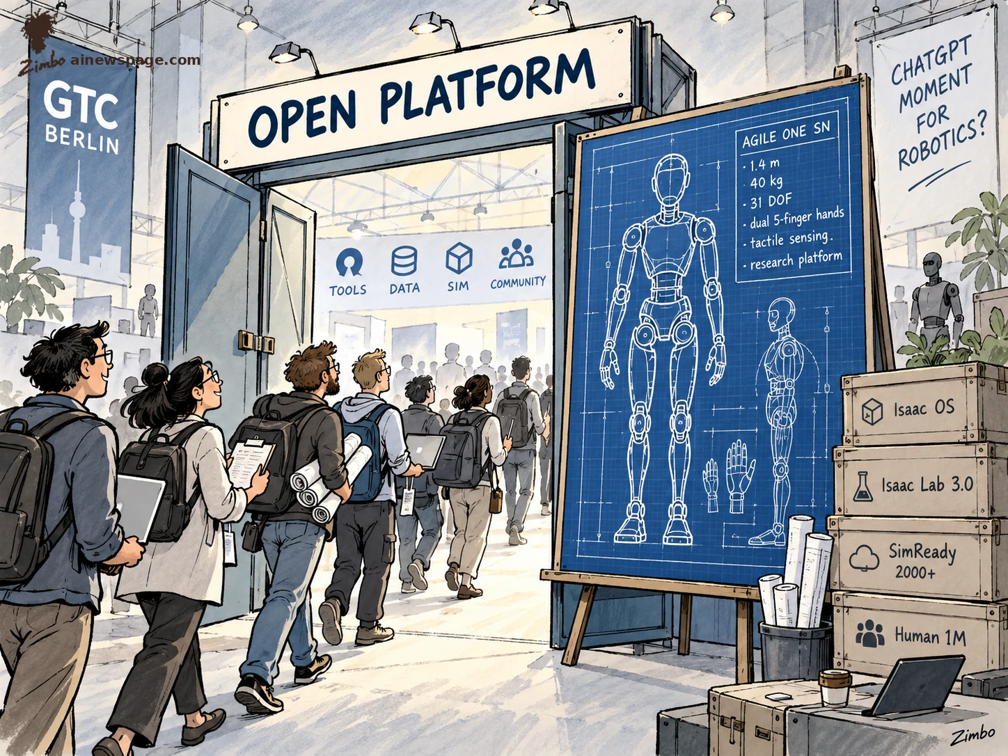 AI cartoon by Zimbo: Satirical cartoon: at GTC Berlin, researchers stream through an OPEN PLATFORM gate past a blueprint easel for the Agile ONE SN humanoid, with crates labeled Isaac OS, Isaac Lab 3.0, SimReady 2000+ and Human 1M.