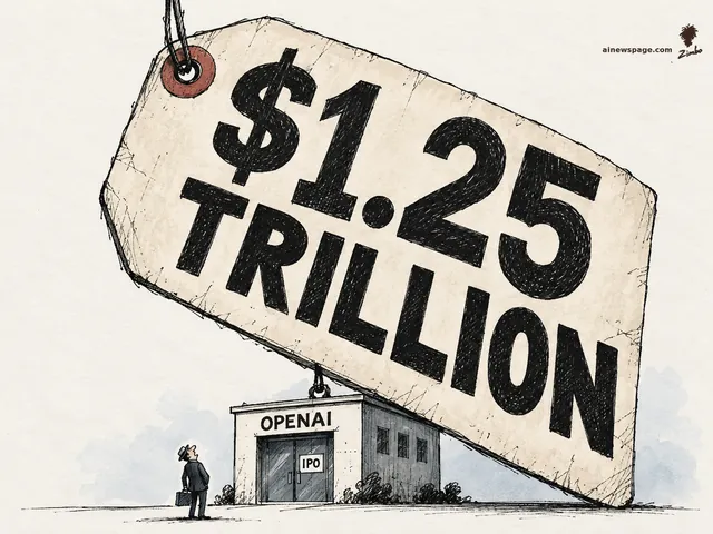 A tiny unremarkable building labeled OPENAI with its door marked IPO stands dwarfed beneath a gigantic retail price tag reading '$1.25 TRILLION' hanging from its roof; a tiny suited figure with a briefcase looks up at the tag.