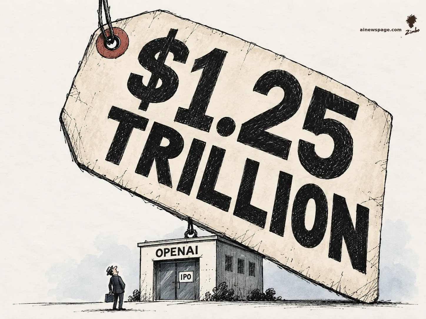 AI cartoon by Zimbo: A tiny unremarkable building labeled OPENAI with its door marked IPO stands dwarfed beneath a gigantic retail price tag reading '$1.25 TRILLION' hanging from its roof; a tiny suited figure with a briefcase looks up at the tag.