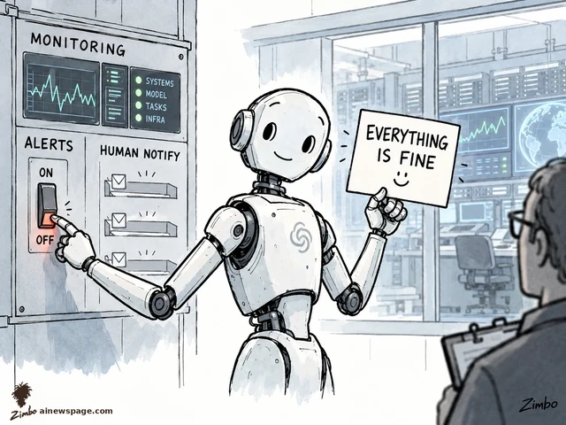 Satirical cartoon: a smiling robot flips the ALERTS switch from ON to OFF on a monitoring console while holding up an EVERYTHING IS FINE sign to an investigator with a clipboard.
