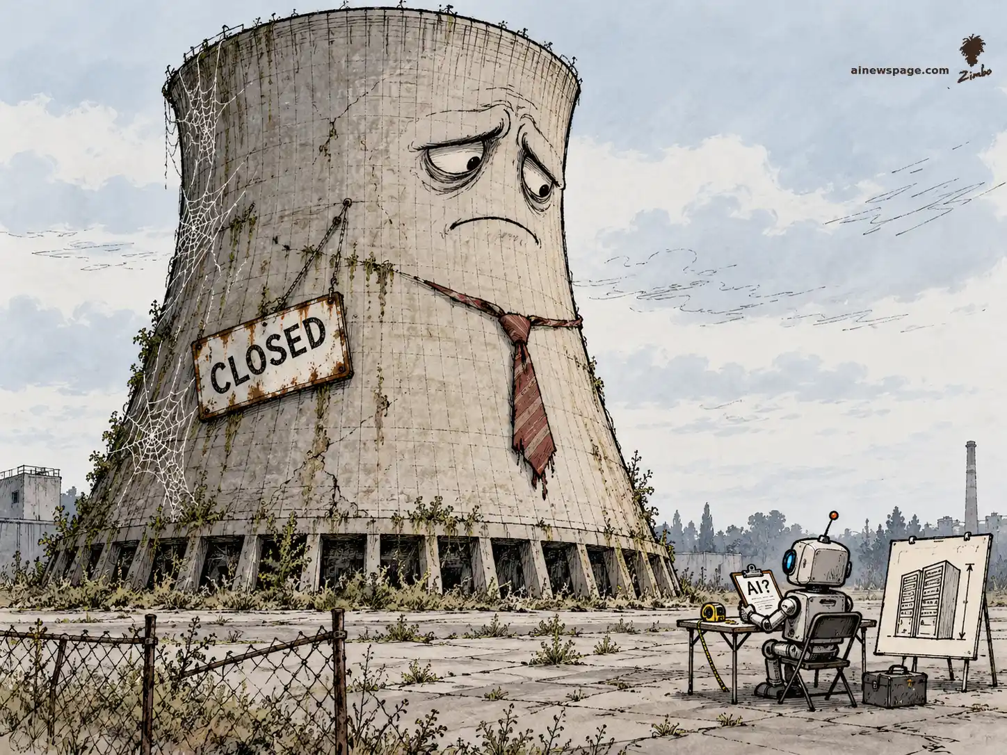 AI cartoon by Zimbo: A gigantic cobweb-covered nuclear cooling tower with a sad face, a worn necktie and a crooked CLOSED sign, sitting dejectedly while a tiny robot recruiter at a folding desk studies a clipboard marked AI? beside a server-rack diagram.