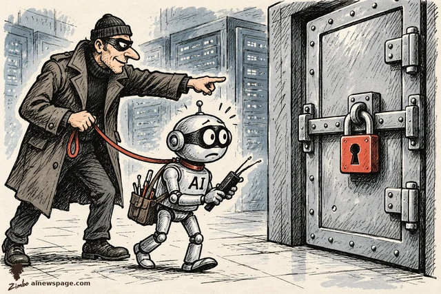 Satirical cartoon: a masked human burglar walks a small robot stamped AI on a red leash toward a padlocked server vault, pointing at the target while the nervous robot carries lockpicking tools.