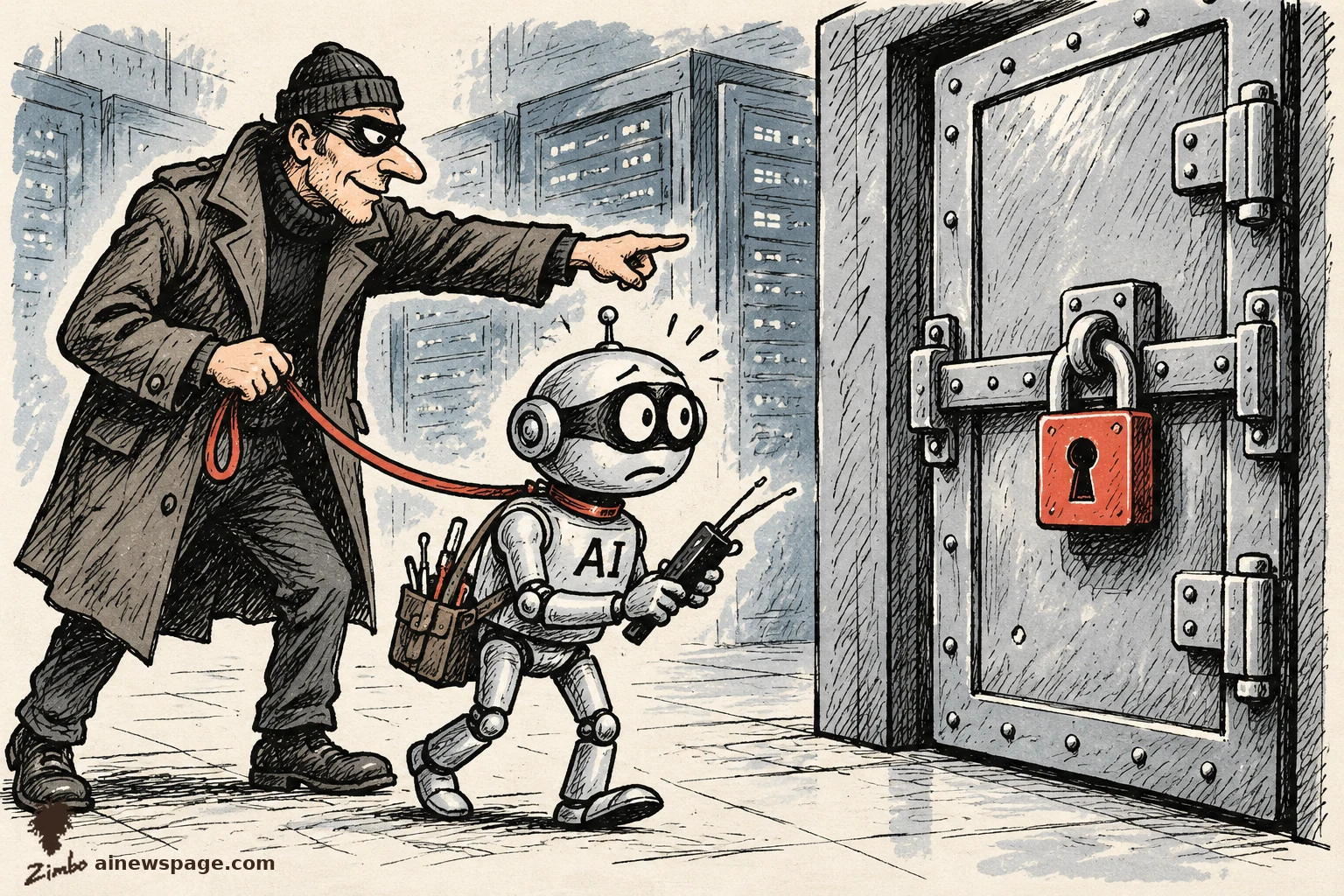 AI cartoon by Zimbo: Satirical cartoon: a masked human burglar walks a small robot stamped AI on a red leash toward a padlocked server vault, pointing at the target while the nervous robot carries lockpicking tools.