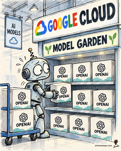 A worried robot (Merv) restocks OPENAI-labeled model boxes onto a store shelf under a big GOOGLE CLOUD sign and a MODEL GARDEN banner, an AI MODELS hanging sign nearby, a hand-cart stacked with more OPENAI boxes.