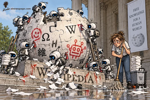 Satirical cartoon: tiny robot vandals swarm the Wikipedia globe-puzzle monument with spray cans, defacing it with red graffiti, while an exhausted volunteer editor with a mop stands beside a FREE KNOWLEDGE FOR A HUMAN WORLD banner.