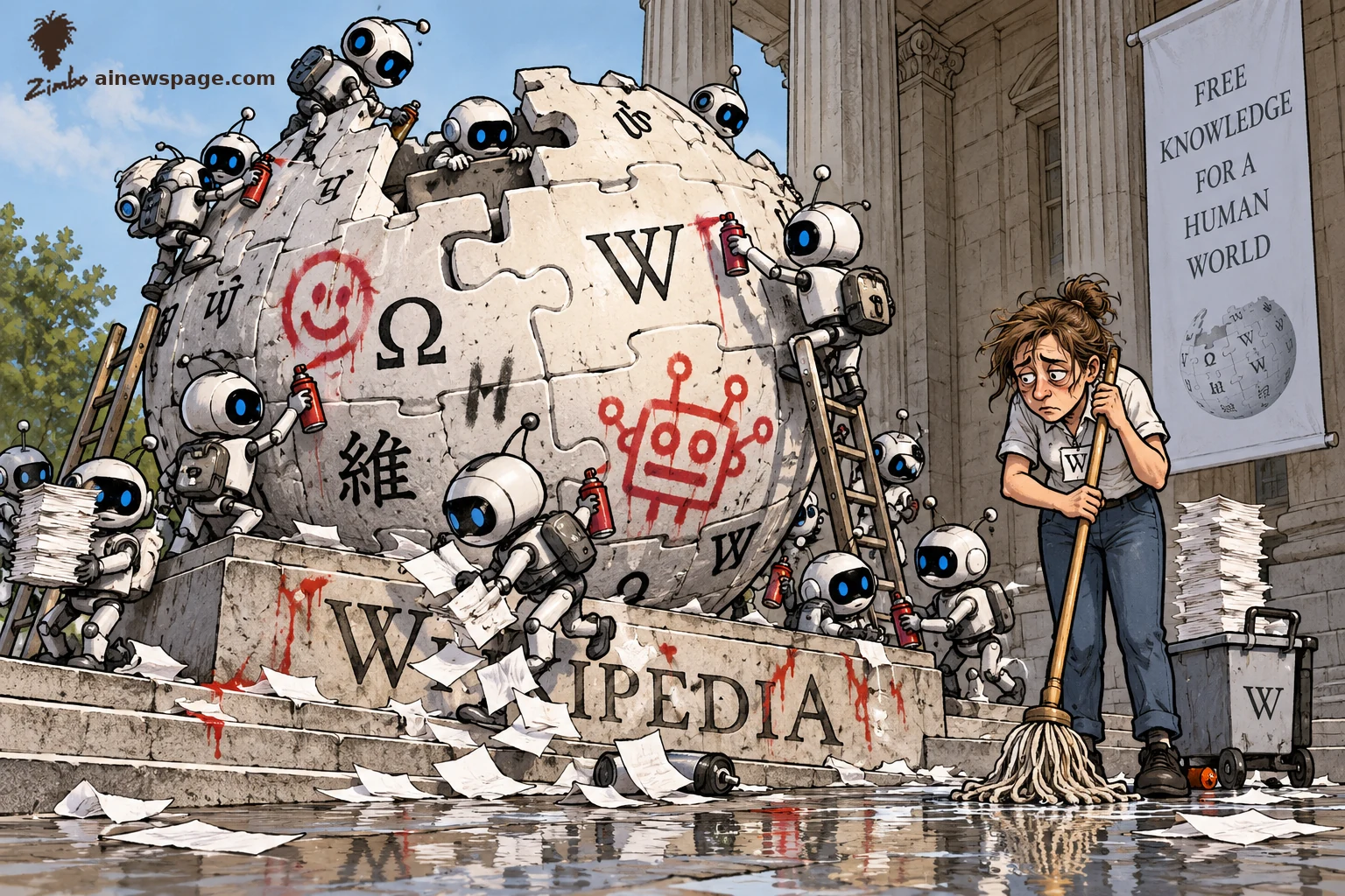 AI cartoon by Zimbo: Satirical cartoon: tiny robot vandals swarm the Wikipedia globe-puzzle monument with spray cans, defacing it with red graffiti, while an exhausted volunteer editor with a mop stands beside a FREE KNOWLEDGE FOR A HUMAN WORLD banner.