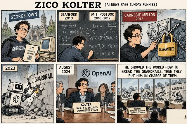 Kolter strip: Georgetown B.S.; Stanford PhD 2010, MIT postdoc; 2012 CMU GUARANTEED padlock on a neural net; 2023 robot smashing the GUARDRAIL wall; Aug 2024 OpenAI safety & security committee chair; finale: Kolter chairs the committee while his robots pick guardrails apart.
