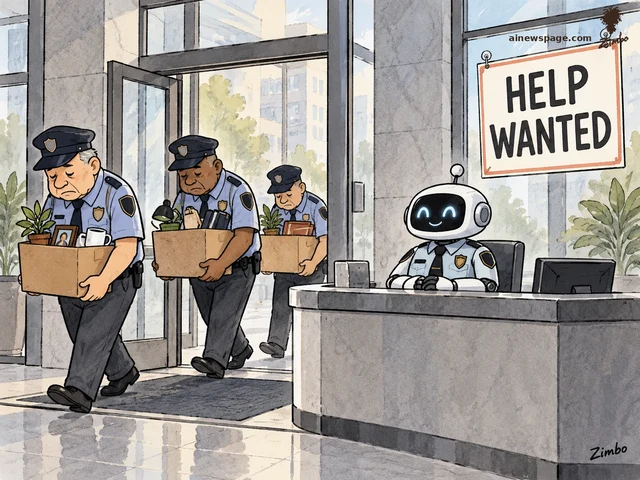 Satirical cartoon: a smiling robot security guard sits at the security desk while three laid-off human guards file out through the glass doors carrying boxes of belongings, a 'HELP WANTED' sign hanging in the window.