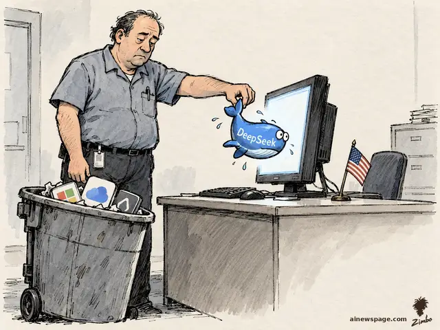 Satirical cartoon: an exhausted federal IT custodian pulls a startled blue DeepSeek whale app icon out of a desktop monitor by its tail, beside a trash can full of discarded app icons, a small American flag on the desk.