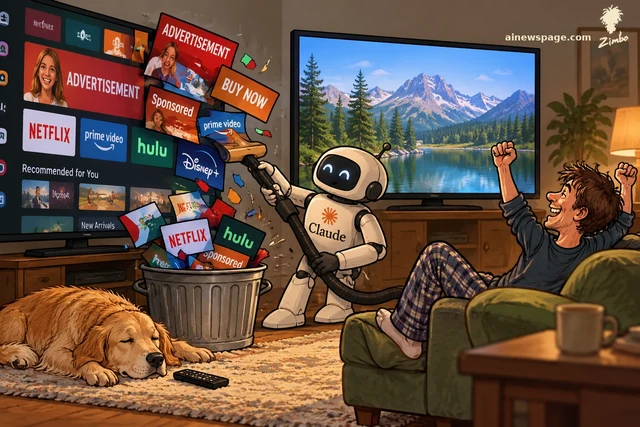 Satirical cartoon: a smiling Claude robot vacuums streaming-service ad tiles off a smart TV into a trash can while a second TV shows a clean mountain lake scene and the triumphant owner cheers from the couch, a dog asleep by the remote.