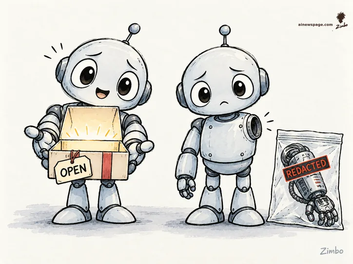 Satirical cartoon: two identical cute robots side by side. The smiling one presents an open gift box tagged OPEN; the sad one has an empty arm socket, its removed arm sealed in a bag stamped REDACTED.