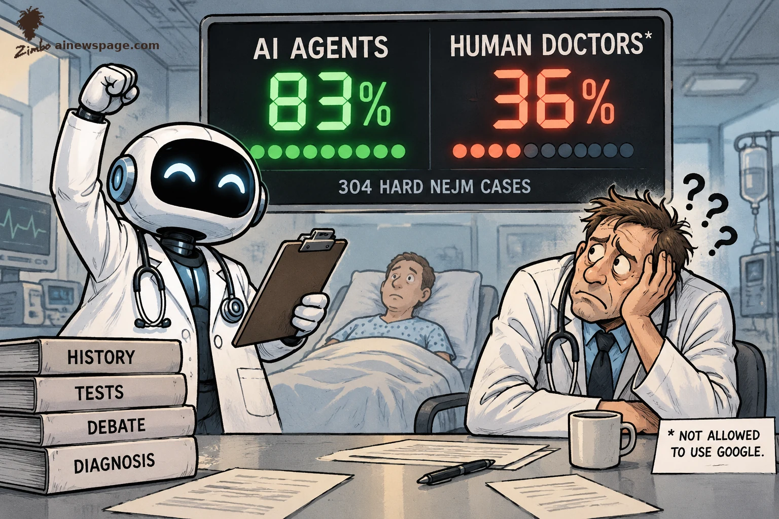 AI cartoon by Zimbo: Satirical cartoon: a triumphant robot doctor in a white coat pumps its fist under a scoreboard reading AI AGENTS 83% vs HUMAN DOCTORS* 36% (304 HARD NEJM CASES) while a baffled human doctor slumps at the desk beside an asterisk card reading '* NOT ALLOWED TO USE GOOGLE.'
