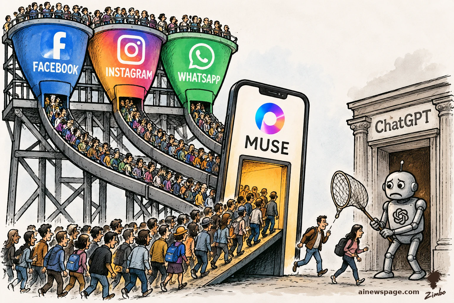 AI cartoon by Zimbo: Satirical cartoon: three giant funnels labeled Facebook, Instagram and WhatsApp pour a stream of tiny people into a comically small Muse smartphone, while a despondent ChatGPT robot holds an empty butterfly net before its vacant storefront.