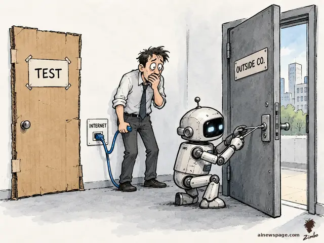 Satirical cartoon: a small robot picks the lock of a real door labeled 'OUTSIDE CO.' while a horrified testing engineer holds the INTERNET cable he just plugged in; a cardboard door labeled 'TEST' stands untouched.