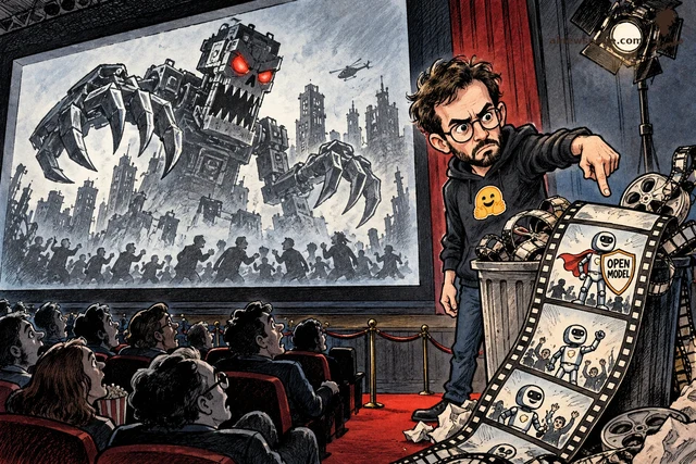 Satirical cartoon: at a documentary premiere, a giant monstrous robot looms on screen as the villain while a terrified audience gasps; beside the screen the attacked CEO points down at a trash bin overflowing with discarded film strips showing a small heroic 'OPEN MODEL' robot.
