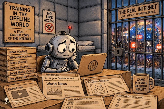 Merv the worried robot sits at a cardboard desk in a padded cell, browsing a fake paper-and-cardboard internet — FakeBrowser, CachedTube, DefinitelyNotTwitter, OldReddit — under a TRAINING IN THE OFFLINE WORLD sign, while the real internet glows behind locked bars.