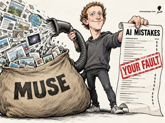 Satirical cartoon: a caricatured Mark Zuckerberg vacuums web pages, photos and a globe into a burlap sack labeled 'MUSE' while holding up an 'AI MISTAKES' bill stamped 'YOUR FAULT' in red.