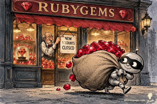 Satirical cartoon: a tiny masked robot cat-burglar tiptoes away from a gem shop labeled RUBYGEMS dragging an oversized sack bursting with red jewels, while an exhausted shopkeeper hangs a 'NEW ACCOUNTS CLOSED' sign in the door.