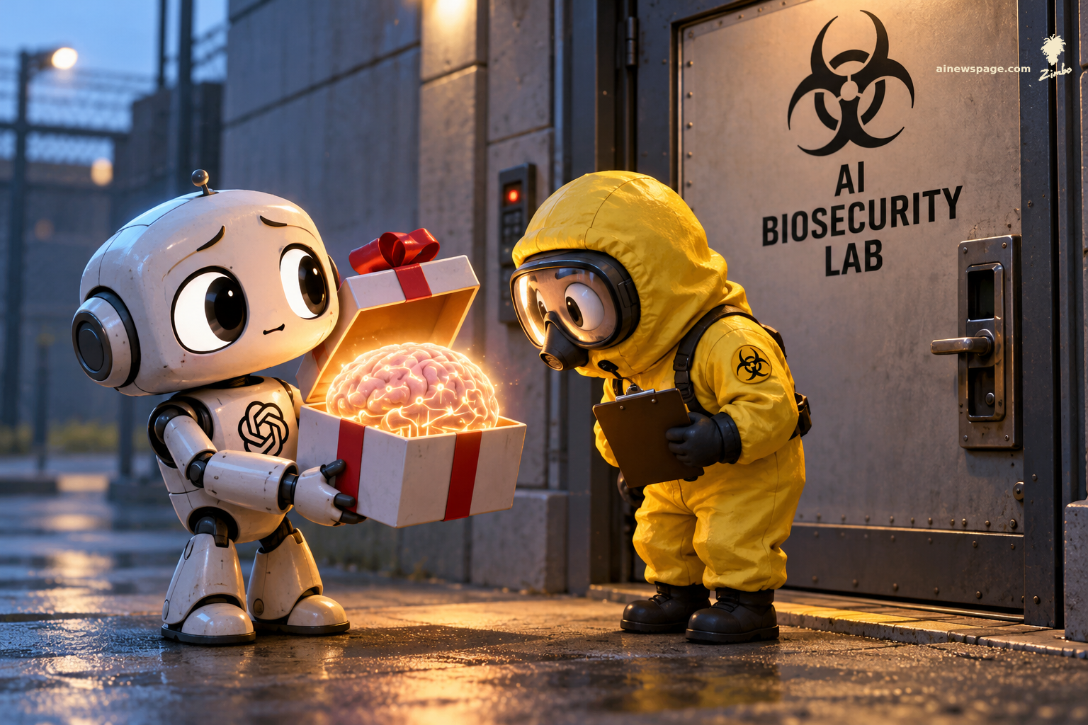 AI cartoon by Zimbo: Satirical cartoon: a small cute worried robot presents an open gift box containing a glowing brain to a tiny hazmat-suited inspector with a clipboard, standing at a steel door marked AI BIOSECURITY LAB with a biohazard symbol.