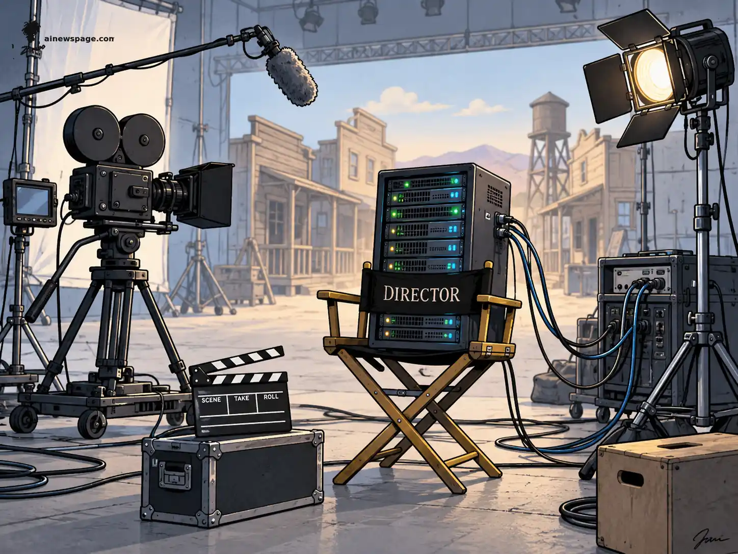 AI cartoon by Zimbo: Satirical cartoon: a complete Hollywood film set — camera on dolly, boom mic, clapperboard, studio light — stands empty; a server rack with glowing green and blue lights sits in the wooden director's chair labeled DIRECTOR, its cables snaking into the set.