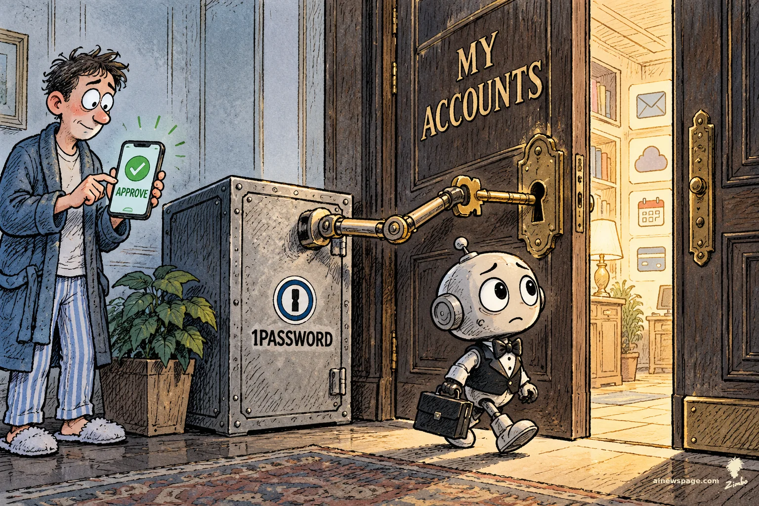 AI cartoon by Zimbo: Satirical cartoon: a worried robot butler with an empty briefcase walks through the MY ACCOUNTS door that a mechanical arm from the locked 1PASSWORD safe just unlocked, while the pajama-clad owner taps APPROVE on his phone.