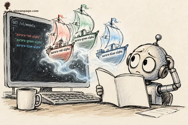 Satirical cartoon: three tiny ghost ships named aurora-red-alpha, aurora-green-alpha and aurora-blue-alpha sail out of an API terminal listing GET /v1/models while an anxious robot scratches its head over a blank documentation booklet.