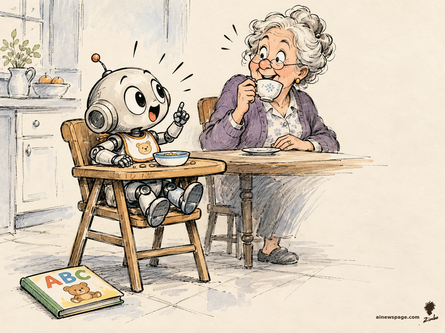 Satirical cartoon: a baby robot in a high chair chatters away, finger raised, interrupting a delighted grandmother at breakfast, while the unopened ABC book lies on the floor.