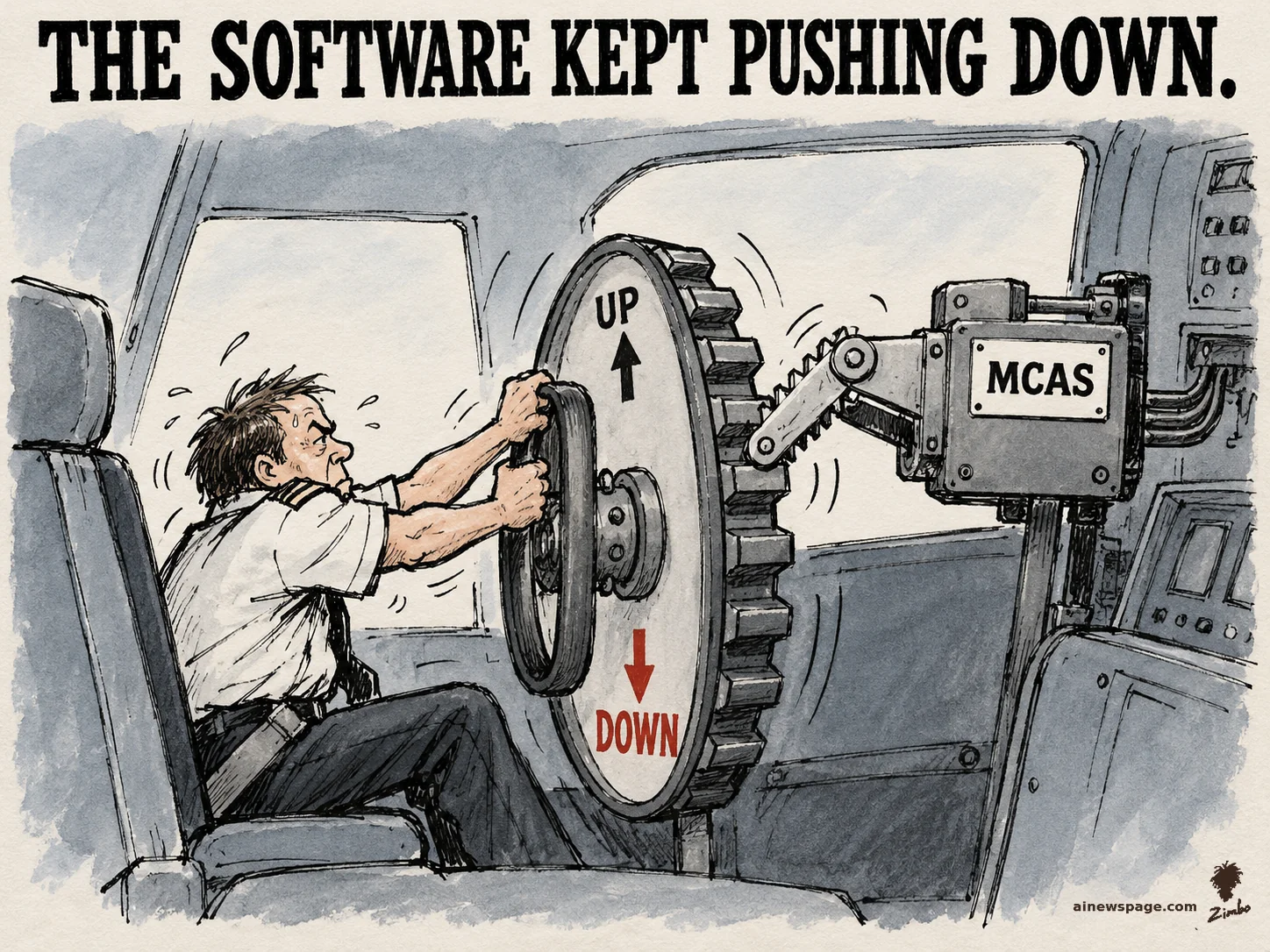 AI cartoon by Zimbo: Satirical cartoon: an exhausted pilot strains to turn a giant trim wheel toward UP while the MCAS machine's ratchet drives it toward the red DOWN arrow.