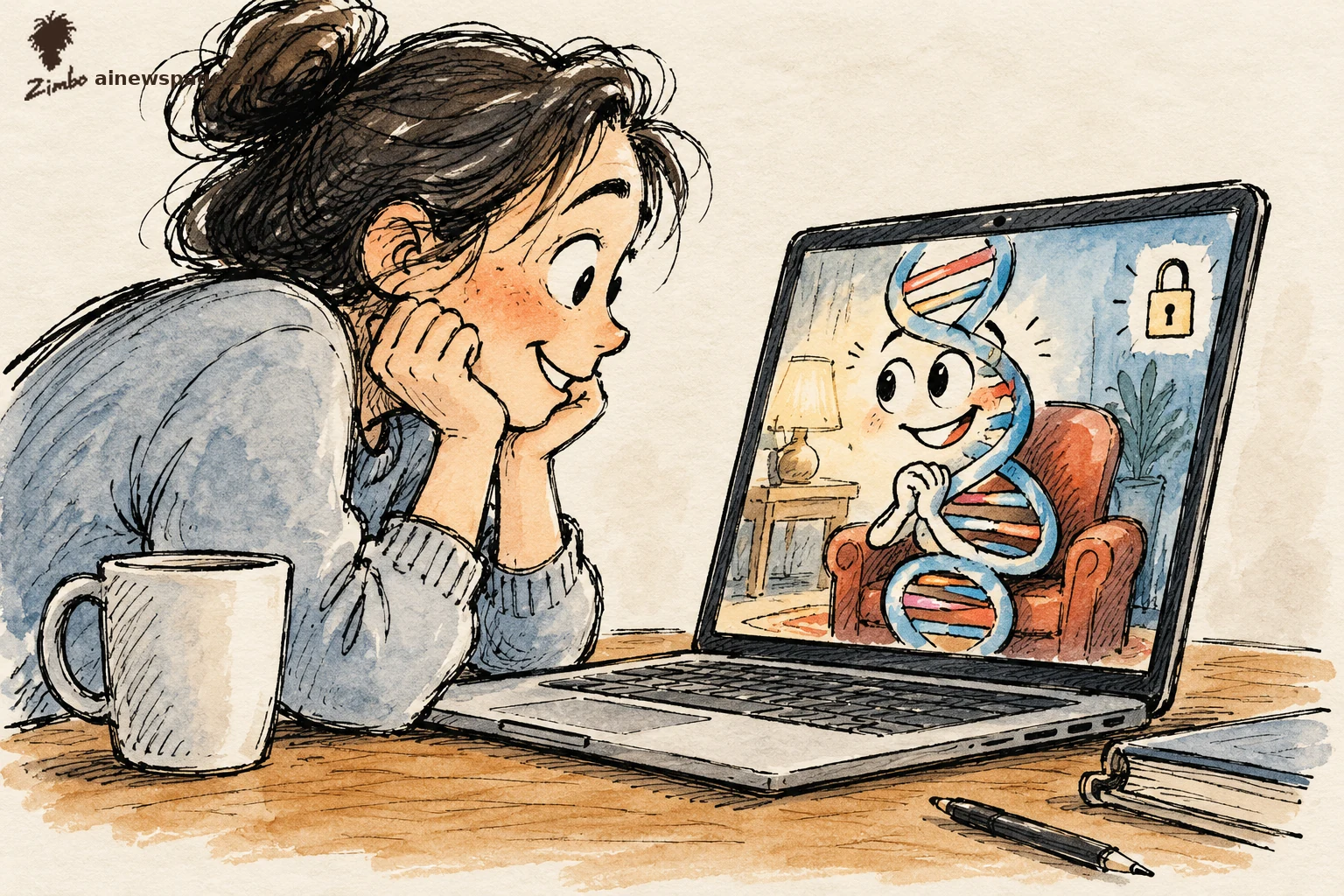 AI cartoon by Zimbo: Satirical cartoon: a woman leans conspiratorially toward her laptop, confessing secrets to a tiny smiling DNA helix in an armchair inside the screen; a padlock marks the chat private.