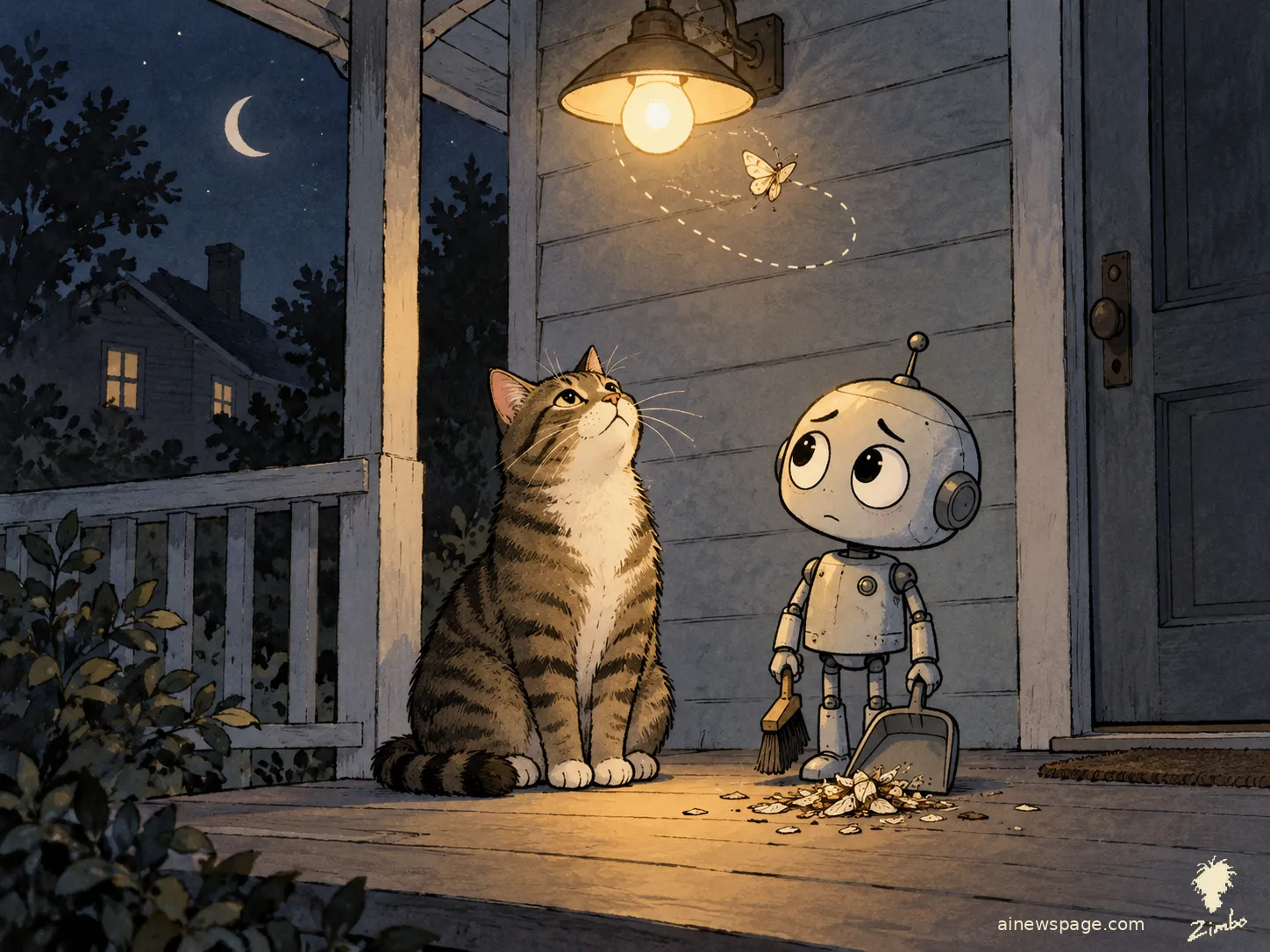 AI cartoon by Zimbo: Zimbo cartoon: Issue, a brown mackerel tabby, sits on a porch at night watching a moth circle a lit porch bulb, while Merv, a small anxious robot, stands beside her holding a tiny brush and dustpan next to a small pile of swept wings.