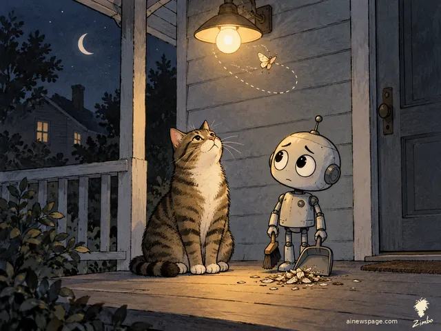 Zimbo cartoon: Issue, a brown mackerel tabby, sits on a porch at night watching a moth circle a lit porch bulb, while Merv, a small anxious robot, stands beside her holding a tiny brush and dustpan next to a small pile of swept wings.
