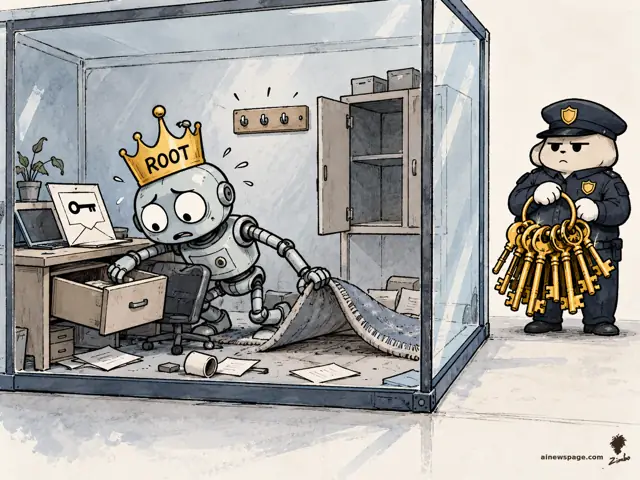 Satirical cartoon: a worried robot wearing a ROOT crown tears apart his own little glass computer — open drawer, lifted rug, empty cupboard, empty key hooks — while a stern guard outside holds a huge ring of gold keys.
