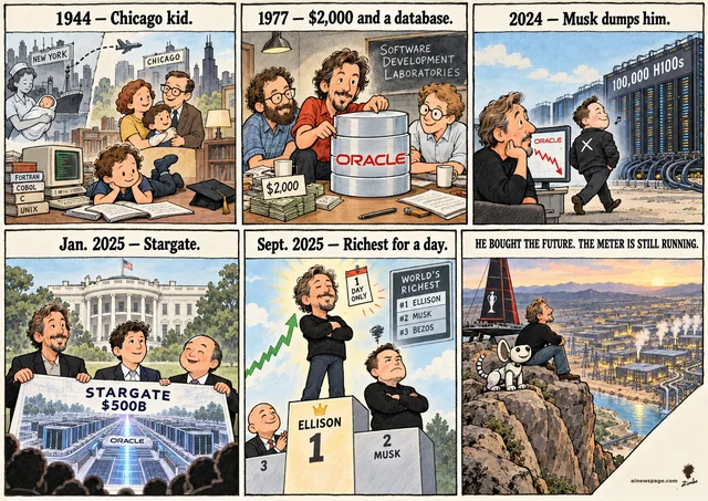 Ellison strip: 1944 Chicago adoptee teaches himself to code; 1977 $2,000 Oracle database; 2024 Musk walks away to build 100,000 H100s; Jan 2025 Stargate $500B; Sept 2025 richest man for a day; finale: Ellison + Buddy by a racing yacht gaze at a valley of data centers. HE BOUGHT THE FUTURE.