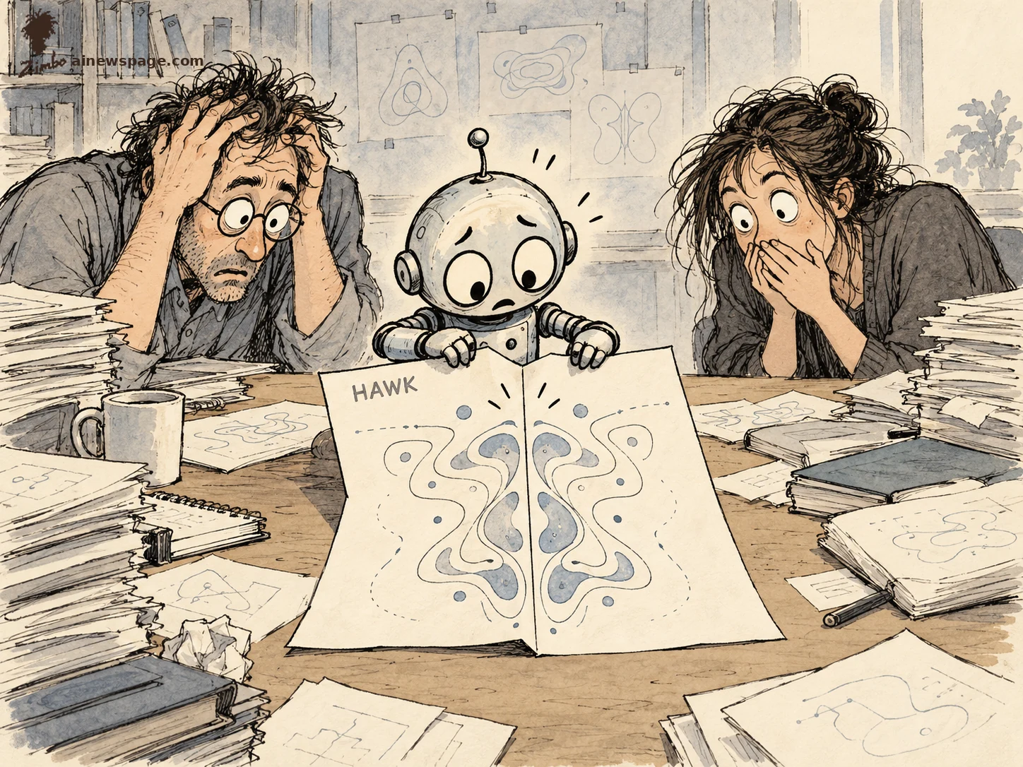AI cartoon by Zimbo: Satirical cartoon: a small worried robot innocently folds a 'HAWK' blueprint in half and two hidden symmetry patterns line up perfectly, while two exhausted mathematicians amid stacks of papers stare in disbelief.
