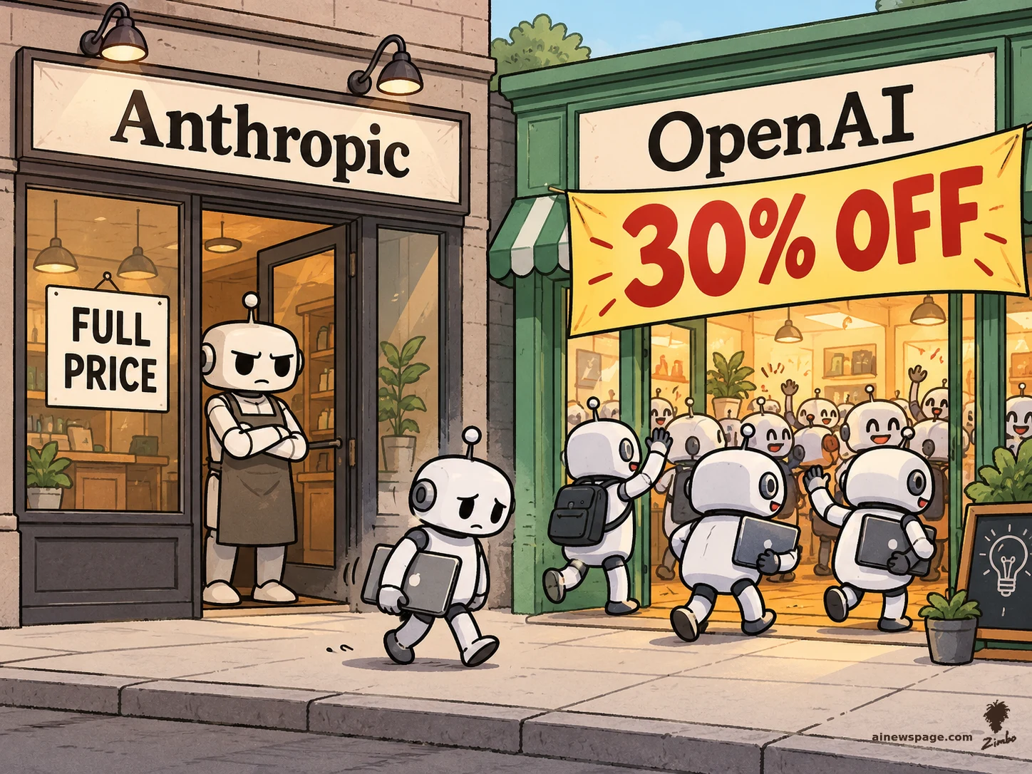 Satirical cartoon: a small robot carrying a laptop walks out of Anthropic's shop, past a FULL PRICE sign and an arms-crossed robot shopkeeper, toward OpenAI's green shop where a crowd of cheerful robots streams in under a giant yellow 30% OFF banner.