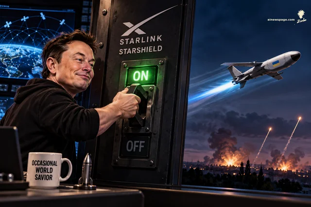 Satirical cartoon: Elon Musk smugly flips a giant STARLINK/STARSHIELD wall switch to glowing green ON while a Ukrainian-flag-marked interceptor drone surges forward over a burning battlefield at dusk; a mug on his desk reads OCCASIONAL WORLD SAVIOR.