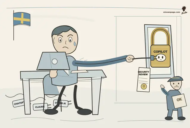 Satirical cartoon: a nervous civil servant at a government desk reaches with an absurdly long arm to plug into the only live socket — a locked gold COPILOT padlock — while CHATGPT, CLAUDE and OTHER AI plugs lie disconnected under the desk.