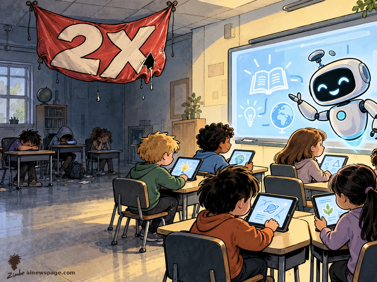 AI cartoon by Zimbo: Satirical cartoon: generic school kids at tablets with a cheerful robot tutor on screen, a torn deflating red 2X banner overhead, and three slumped kids left behind in the shadowed back of the classroom.