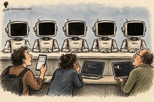 Satirical cartoon: five identical monitor-headed robots with black blank screens sit behind a help-desk counter while three worried users wait with a phone, a laptop and a dead terminal.
