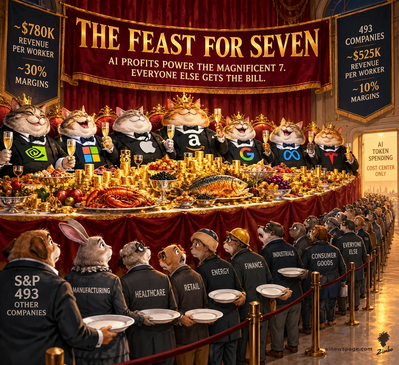 AI cartoon by Zimbo: Satirical cartoon: seven crowned fat cats in tuxedos — Nvidia, Microsoft, Apple, Amazon, Google, Meta and Tesla — gorge at a gold-laden banquet table under a 'THE FEAST FOR SEVEN' banner, while a long queue of small ordinary businesses hold out empty plates behind a velvet rope.