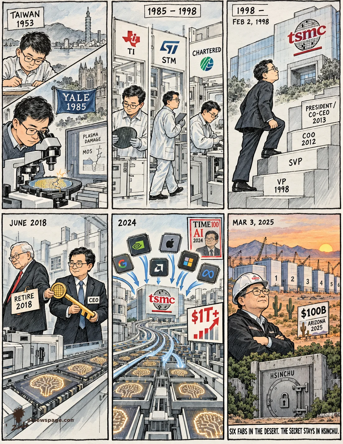 AI cartoon by Zimbo: C.C. Wei strip: 1953 Taiwan schoolboy; Yale 1985 plasma-damage PhD; 1985–1998 TI, STMicro, Chartered; Feb 1998 joins TSMC, VP to co-CEO 2013; June 2018 sole CEO; 2024 AI boom, TIME100 AI, $1T+; Mar 2025 $100B Arizona, six fabs, HSINCHU vault. SIX FABS IN THE DESERT. THE SECRET STAYS IN HSINCHU.