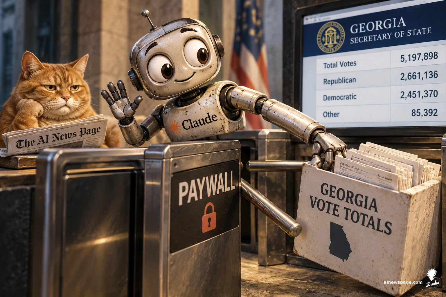 AI cartoon by Zimbo: Satirical cartoon: a cute retro robot labeled Claude waves politely with one hand while the other reaches past a PAYWALL turnstile to grab a box of GEORGIA VOTE TOTALS; an unimpressed orange tabby cat reads The AI News Page beside a Georgia Secretary of State vote-totals screen.