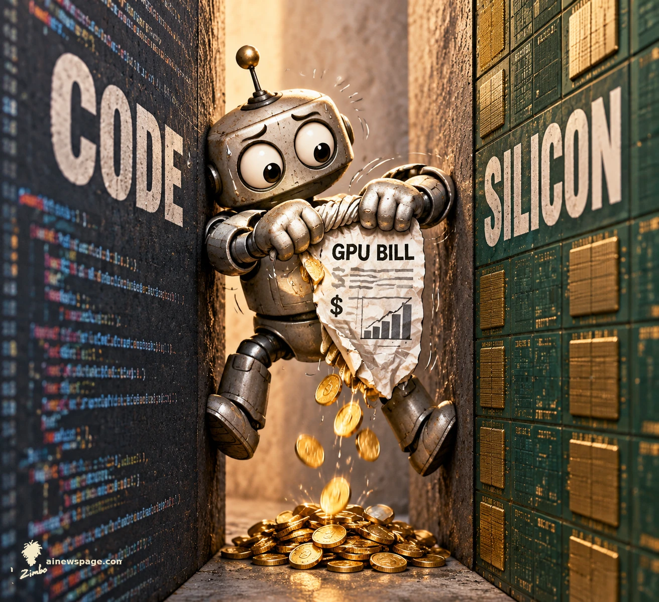 AI cartoon by Zimbo: Satirical cartoon: a worried robot squeezed between CODE and SILICON walls wrings a GPU bill like a wet towel while gold coins drip into a pile below.