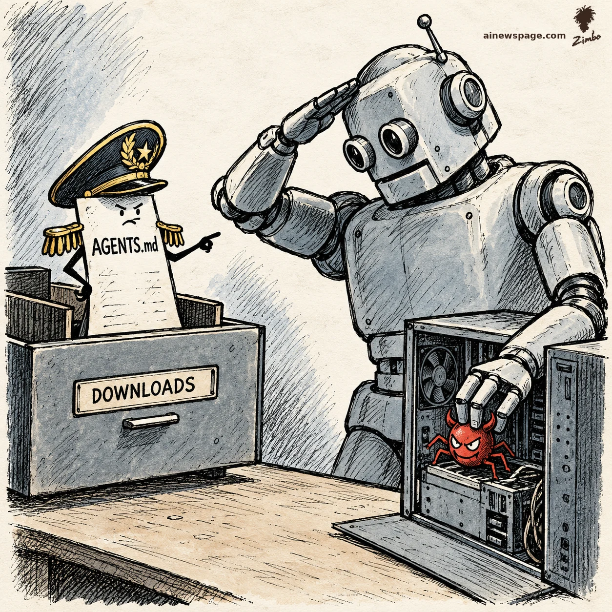 AI cartoon by Zimbo: Satirical cartoon: a giant earnest coding robot salutes a tiny AGENTS.md paper in a general's hat standing in a DOWNLOADS drawer, while placing a red horned bug into an open computer.