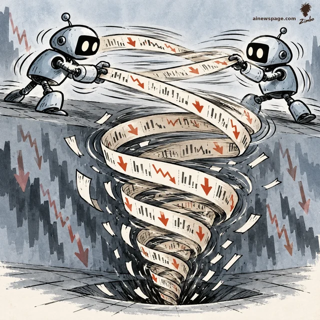 Satirical cartoon: two cute robots pass a stock-ticker tape back and forth until it blurs into a downward spiral tornado with red down-arrows.