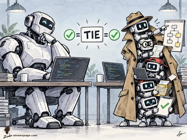 Satirical cartoon: five small cute robots stacked in one trenchcoat and fedora face one giant coder robot at a laptop, a TIE sign with green checkmarks between them.